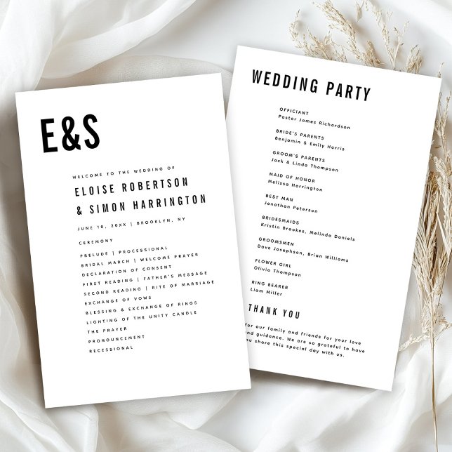 Moderno programa Minimalista negrita de casamiento (Modern Minimalist Bold Monogram Classic Retro Wedding Program)