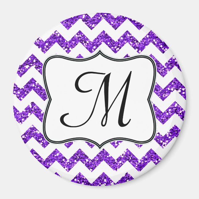 Moderno Purp Glitte Chevron Monograma Imán Inicial (Frente)