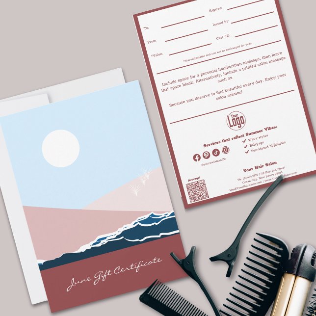 Moderno QR Code Services Nota Certificado de regal (Modern QR Code Services Note June Gift Certificate, Summer Vibes)