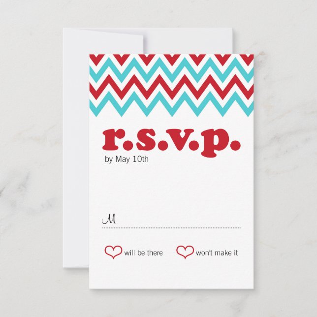Moderno Red y Aqua Chevron & Lovebirds RSVP (Anverso)