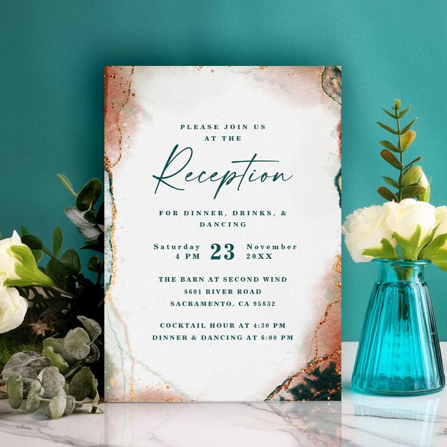 Moderno Resumen Recepción de Boda Verde azulada y  (Modern abstract teal and copper wedding reception invitation card.)