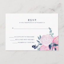 Moderno Rubor de boda floral rosa y naval RSVP