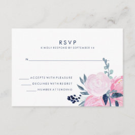 Moderno Rubor de boda floral rosa y naval RSVP