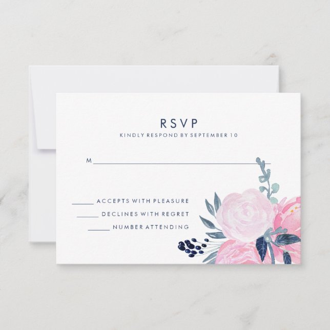 Moderno Rubor de boda floral rosa y naval RSVP (Anverso)