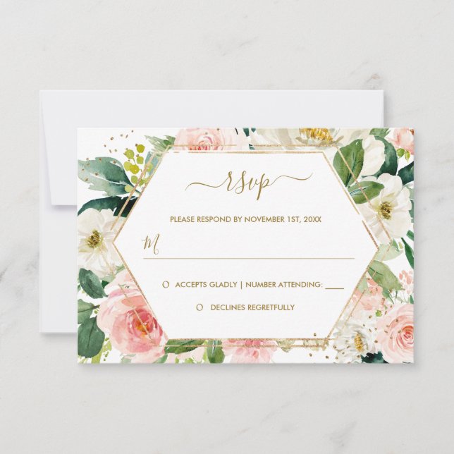 Moderno Rubor Gold Floral Watercolor Wedding RSVP (Anverso)