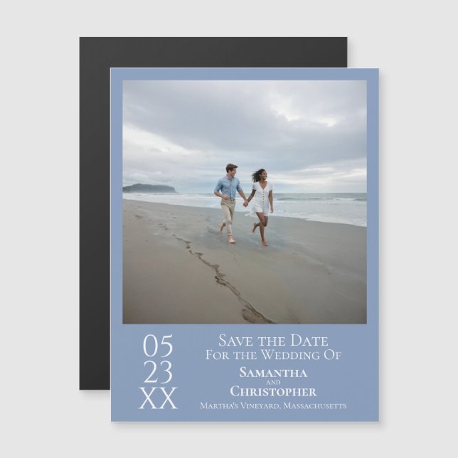 Moderno Save the Date Photo Dusty Blue Magnet (Anverso/Reverso)