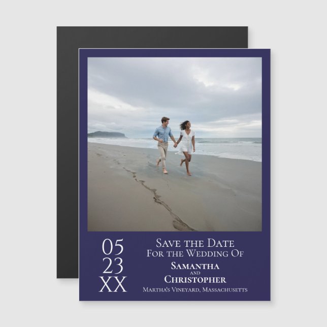 Moderno Save the Date Photo Navy Blue Magnet (Anverso/Reverso)