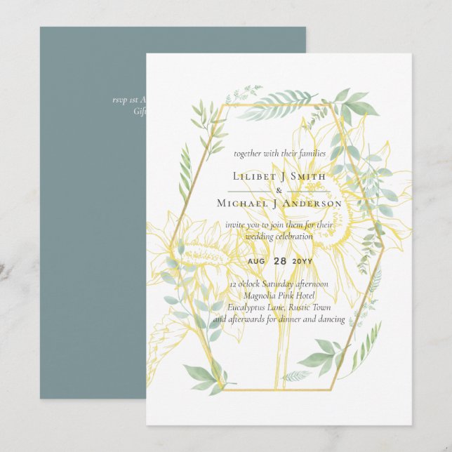 Moderno Sunflowers Greenery Sage Gold Boda (Anverso / Reverso)
