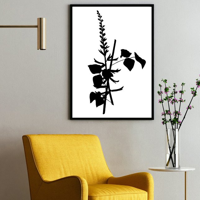 Moderno Tinta Negra Resumen Arte Floral Flor Silve (Modern Black Ink Abstract Wildflower Floral Art Poster)