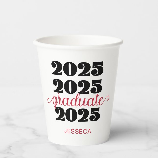 Moderno vaso de papel de graduado negro rojo 2025 (Anverso)