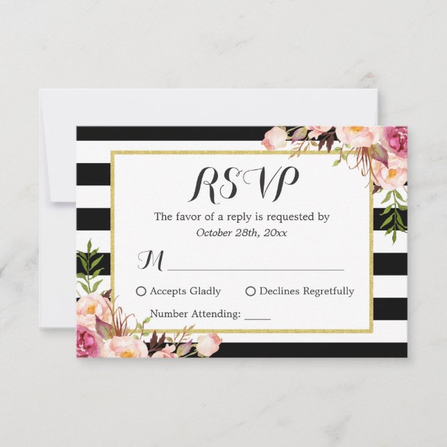 Moderno y elegante Black White Stripes Floral RSVP (Anverso)