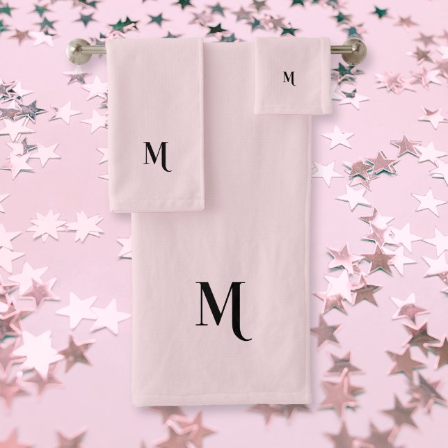 Moderno y elegante Monograma Negro Primer Pastel R (Modern Elegant Black Monogram Initial Pastel Pink Bath Towel Set)