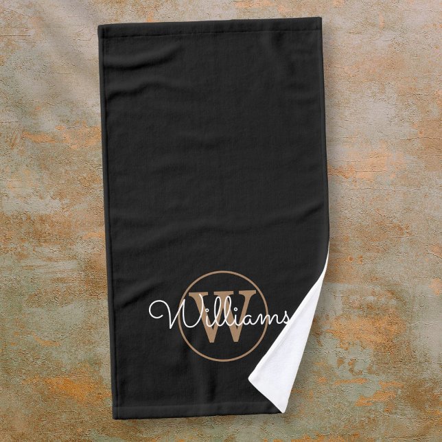 Moderno y elegante nombre de guión de monograma de (Modern Stylish Black Gold Monogram Script Name Hand Towel)