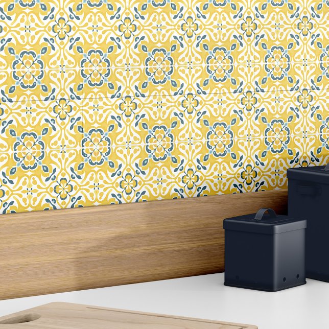 Moderno y elegante patrón de Azulejo Verde azulado (Modern Elegant Yellow Teal Spanish Azulejo Pattern Ceramic Tile)