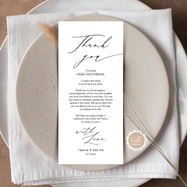 Moderno y suave Boda de configuración Tarjeta de a (Wedding Dinner Place Setting Thank You Card, in Modern Gentle Script, Black themed, Plate Decor)