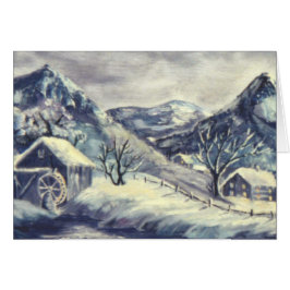 Molino de agua en tarjeta pintada de paisaje monta