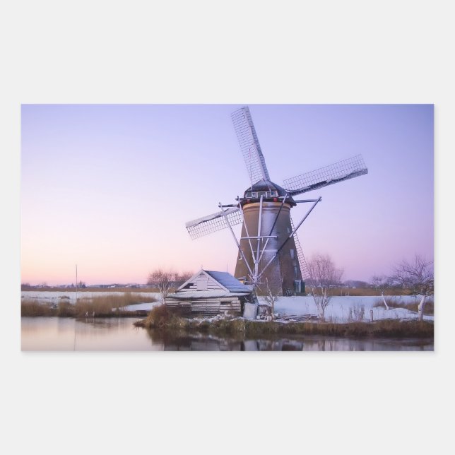 Molino de viento al amanecer en pegatina rectangul (Anverso)