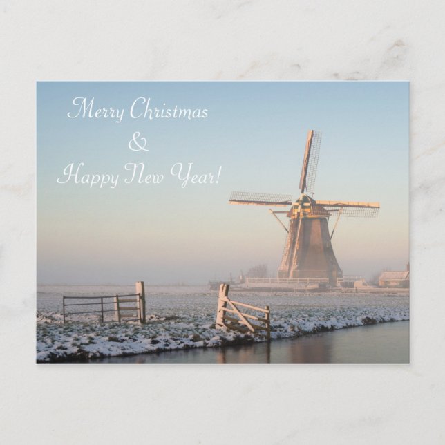 Molino de viento en invierno con tarjeta de navida (Anverso)