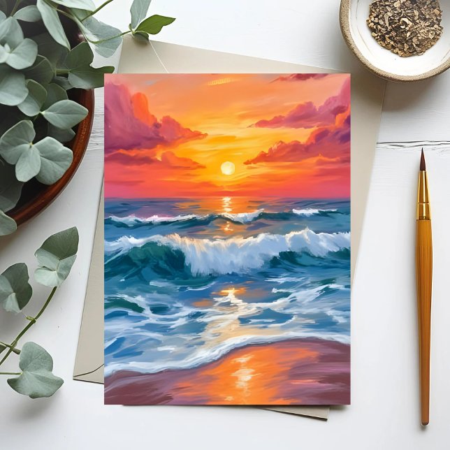 Molten Horizon | Ocean Wave Sunset Watercolor Card (Subido por el creador)