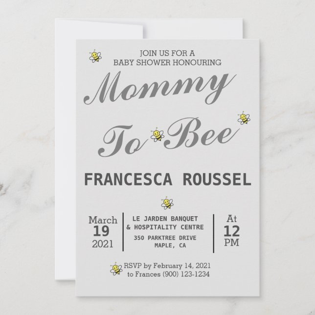MOM TO BEE CUTE GRIS INVITACIÓN DE BABY SHOWER (Anverso)
