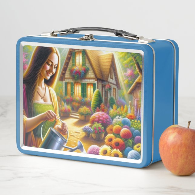 Mona dando agua a las plantas de flores (In situ)