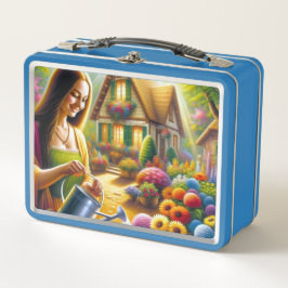 Mona dando agua a las plantas de flores