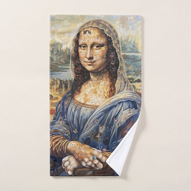Mona Lisa collage art made with cat faces (Toalla de mano)