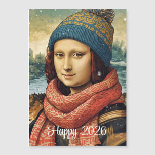 Mona Lisa con gorro - Feliz 2026 tarjeta magnética