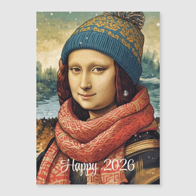 Mona Lisa con gorro - Feliz 2026 tarjeta magnética (Anverso)