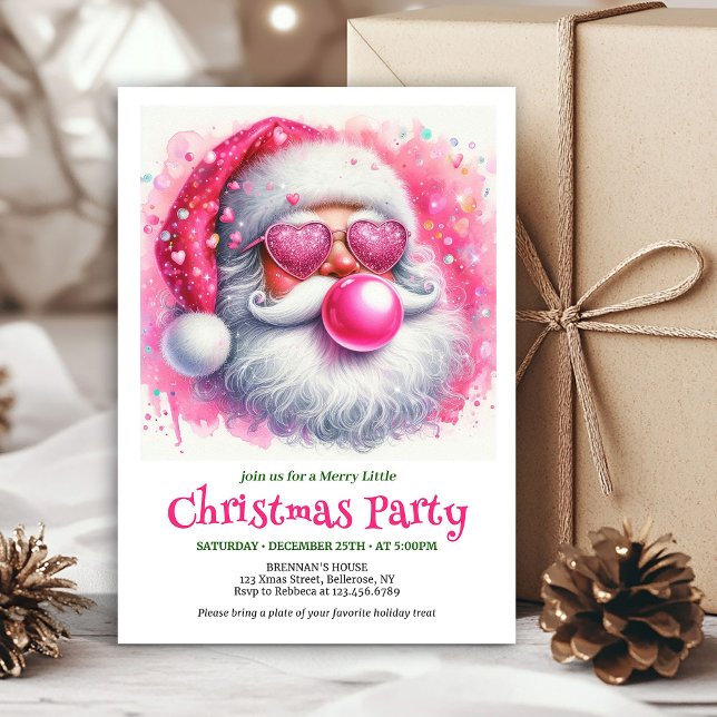 Monada de Santa rosa chicle acuarela invitación de (Cute pink santa chewing gum watercolor Xmas invite)
