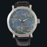 Monet Water Lilies reloj de pulsera<br><div class="desc">La pintura de nenúfares de Monet es el rostro perfecto para un hermoso reloj de pulsera. Los números son blancos. Estamos mostrando este diseño de relojes en un reloj sencillo y fácil de leer con una vintage banda de relojes de cuero negro, pero también está disponible en varios otros estilos...</div>