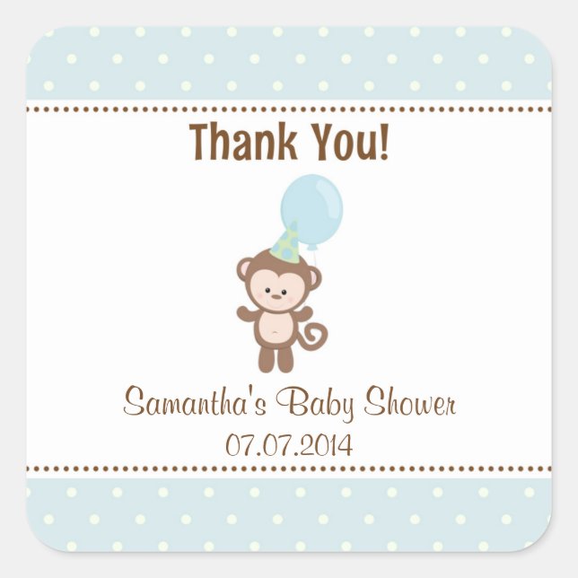 Monkey Baby Shower Gracias Pegatinas (Azul) (Anverso)