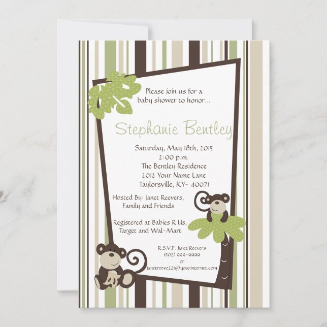 Mono de Mod Monkey 5x7 Invitación Baby Shower (Anverso)