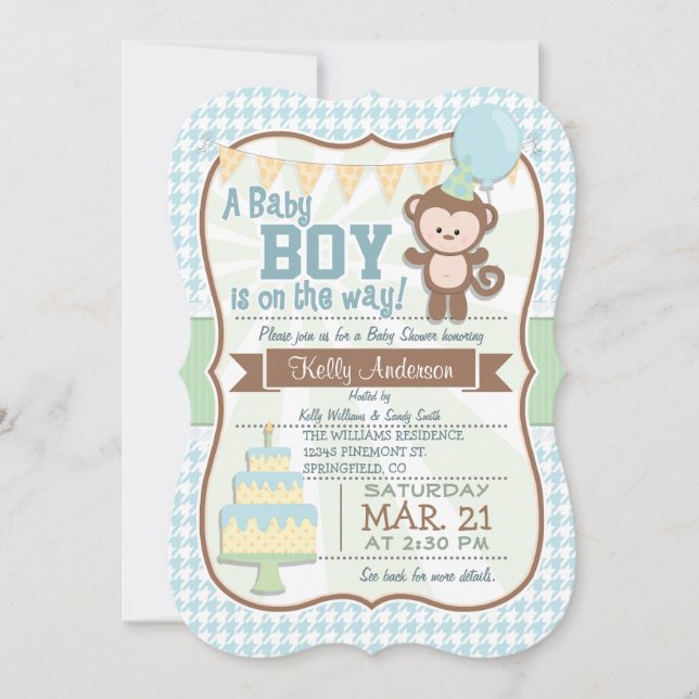 Mono de niño bebé, invitación de Pastel Baby Showe (Anverso)
