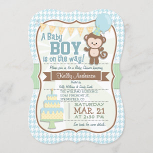 Mono de niño bebé, invitación de Pastel Baby Showe