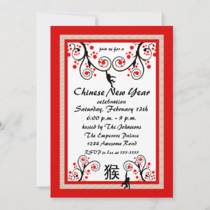 Mono e invitación al árbol de Año Nuevo chino
