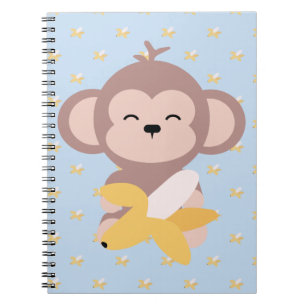 Mono lindo de Kawaii con el cuaderno del plátano