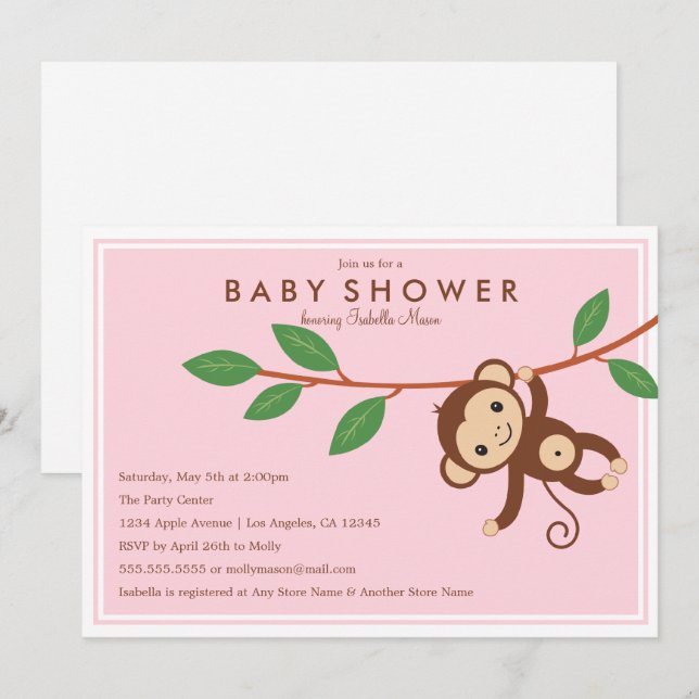 Mono pequeño - Rosa | Invitación de Baby Shower (Anverso / Reverso)