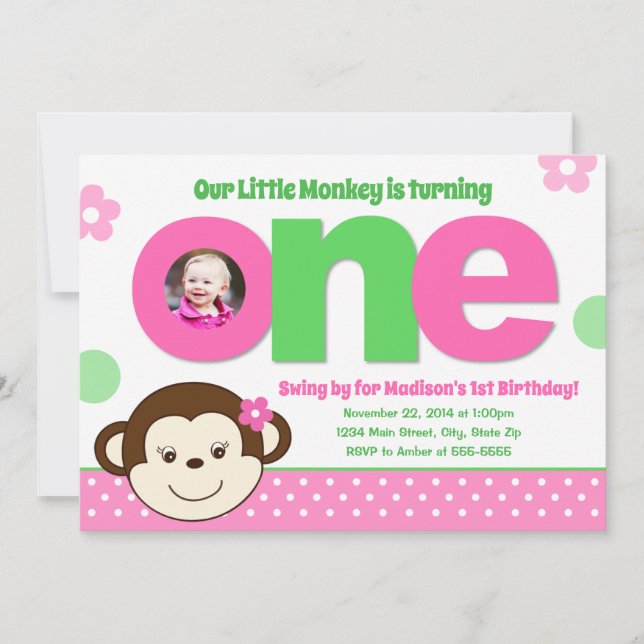 Mono Primer cumpleaños Invitación mono rosado Chic (Anverso)
