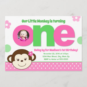 Mono Primer cumpleaños Invitación mono rosado Chic