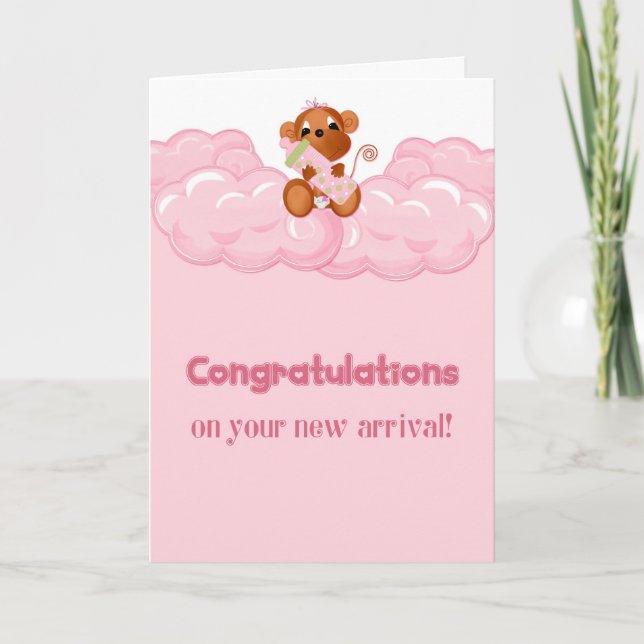 Mono, rosa, felicitaciones, tarjeta de bebé (Anverso)