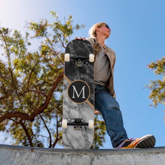 Monogram Black White Marble Modern Skateboard (Exterior 1)