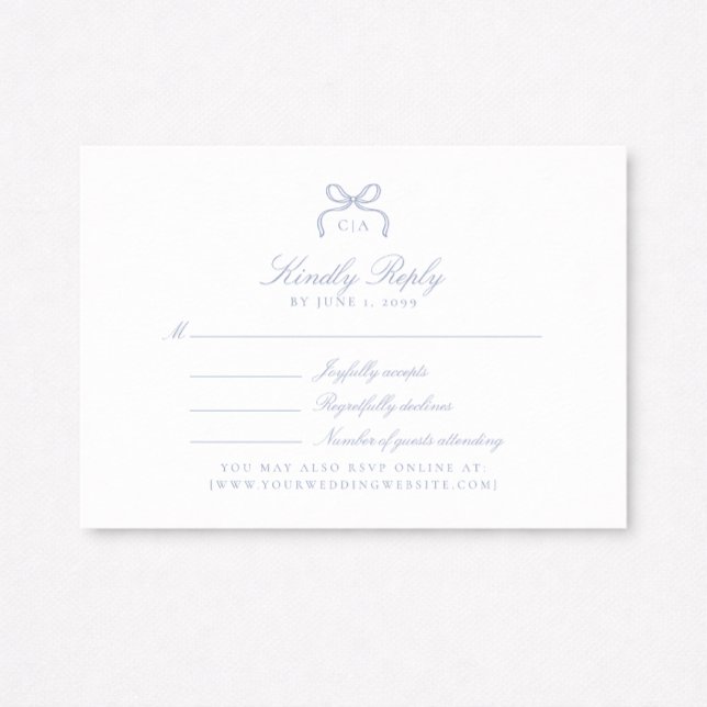 Monogram Blue Bow Wedding RSVP Card (Subido por el creador)