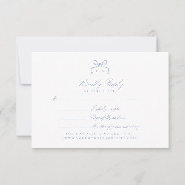 Monogram Blue Bow Wedding RSVP Card (Anverso)