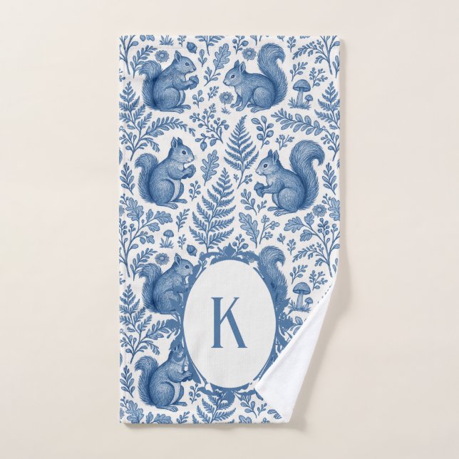 Monogram Blue Chinoiserie Squirrel Woodland Bath (Toalla de mano)