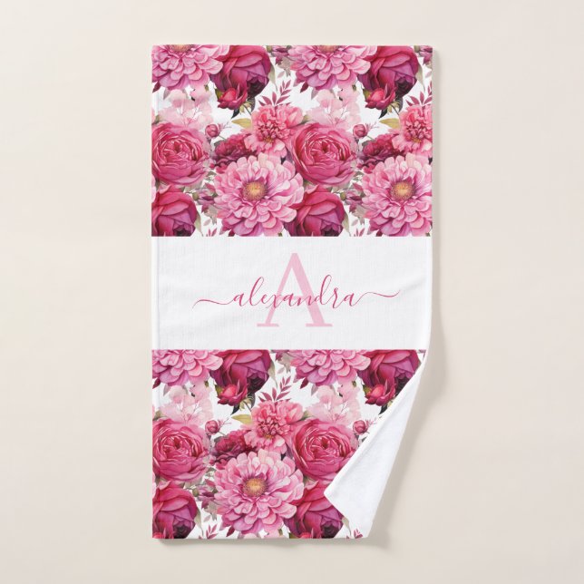 Monogram Bright Pink Floral Elegant Towel Set (Toalla de mano)