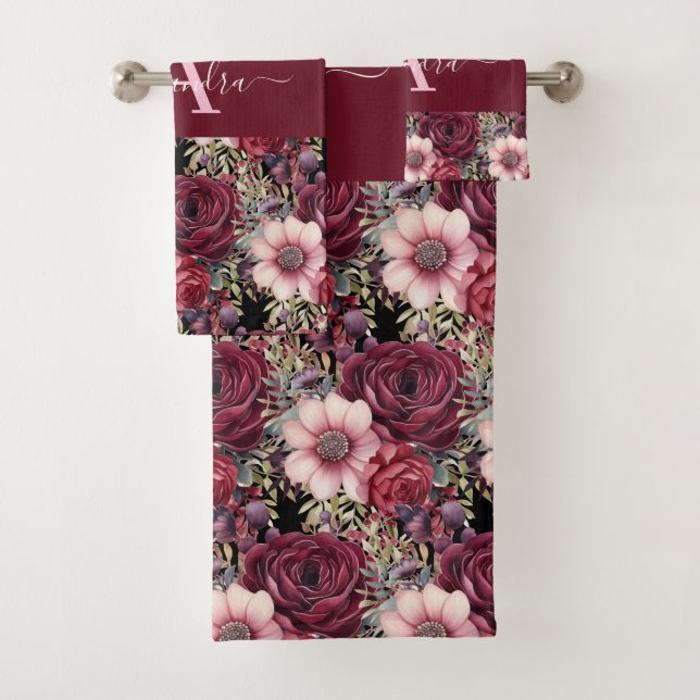 Monogram Burgundy & Pink Floral Elegant Towel Set (In situ)