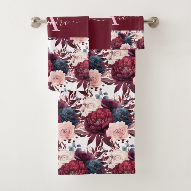 Monogram Burgundy & Pink Floral Elegant Towel Set (In situ)