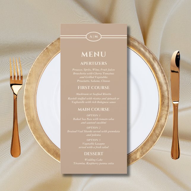 Monogram Cream Taupe Christian Wedding Menu (Subido por el creador)