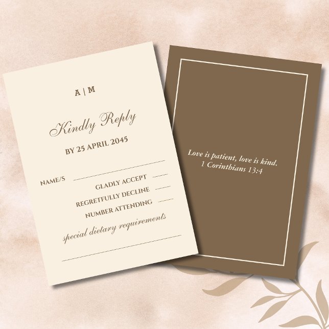 Monogram Cream Taupe Christian Wedding RSVP Card  (Subido por el creador)